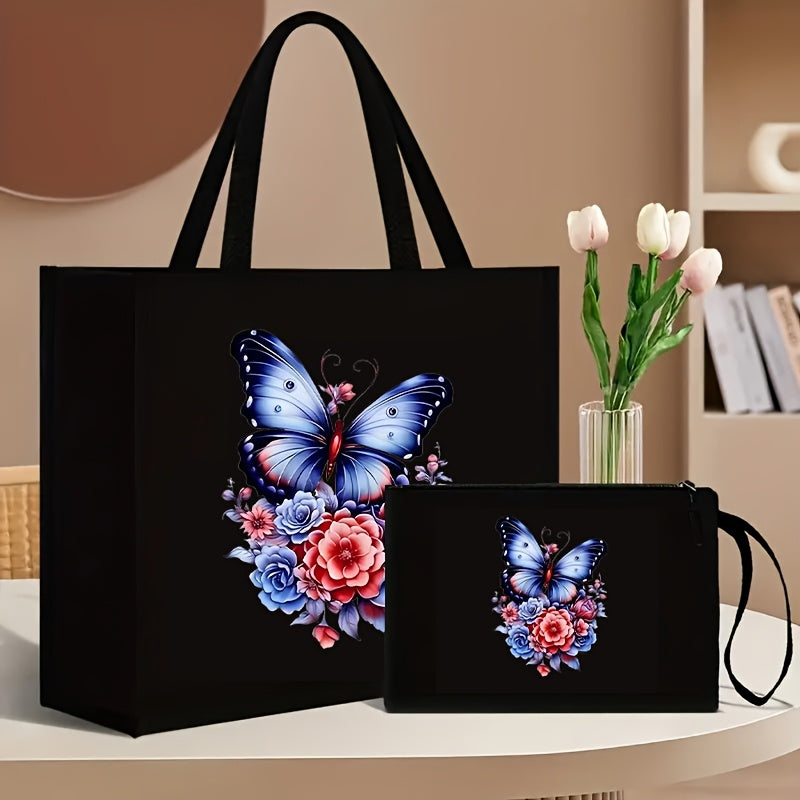 Set includes 2 floral and butterfly print tote bags with matching wallet, made of durable canvas material. Features magnetic snap closure and foldable design for shopping and travel, with