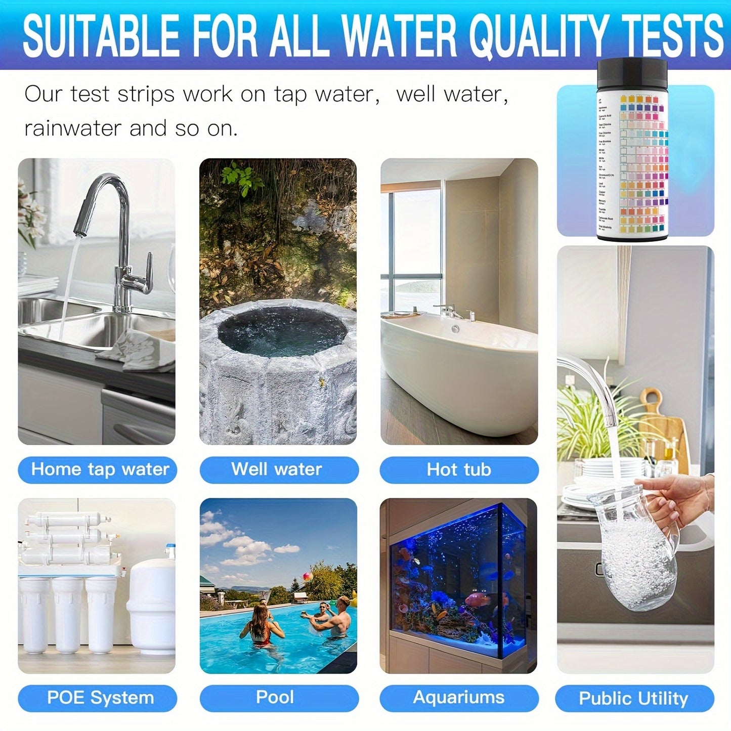 16-in-1 home water testing kit includes 100 strips for tap and well water, testing for pH, hardness, chlorine, lead, iron, copper, nitrate, nitrite, and more.