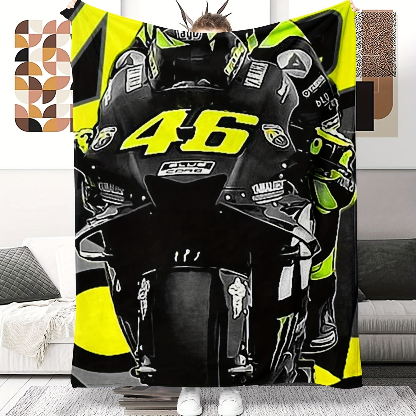 Soft, machine-washable throw blanket featuring a stylish motorcycle print. Ideal gift for bikers and enthusiasts, perfect for use on couches, beds, office naps, camping, and travel.