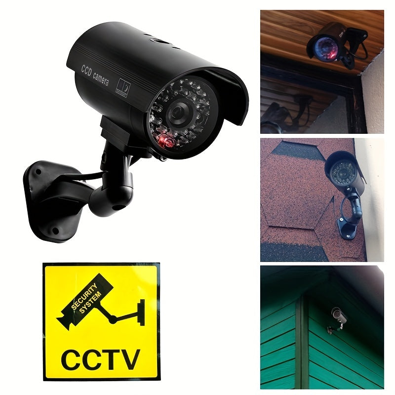 2-Pack Dummy Security Cameras with LED lights for Home Security, Outdoor/Indoor Use, with Warning Sticker.