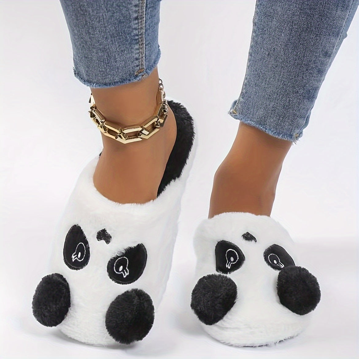 Cozy Panda Cartoon Plush Slippers for Men and Women - Black & White Design with Fluffy Ball Detail, TPR Sole, Hand Washable - Perfect Winter Comfort, Cute Style.