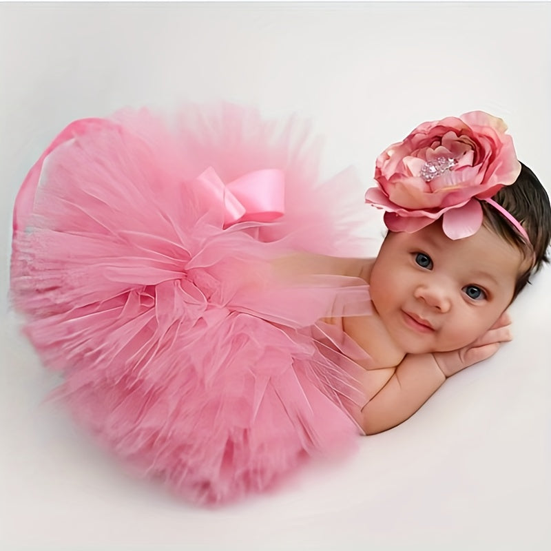 Magical Magenta Ballet Tutu Set for Newborn Girls - Includes Fluffy Tulle Skirt and Matching Headband with Floral Accents. Perfect for Baby Photo Shoots, Birthday Celebrations, and Cherished Keepsake Moments. Made from Soft Nylon Material, this Infant