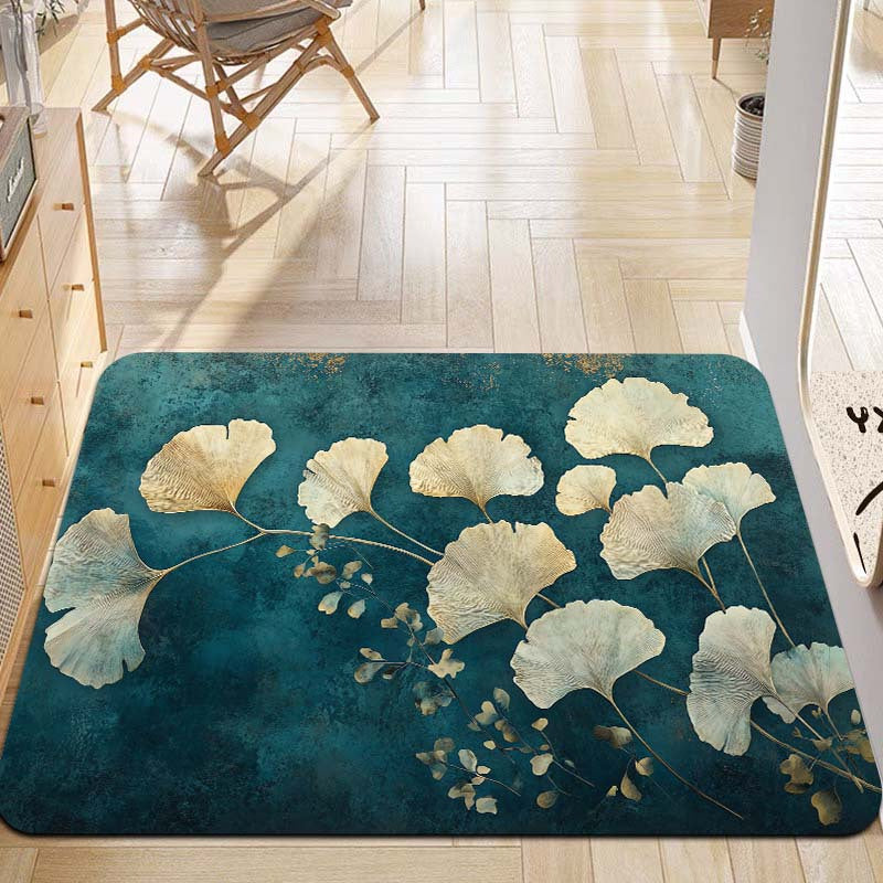 This retro-style Ginkgo Leaf pattern floor mat is 8mm thick and made from soft, high-quality material. It is suitable for use in the kitchen, living room, or bedroom. This durable mat is machine washable and can be used as an entrance door mat or