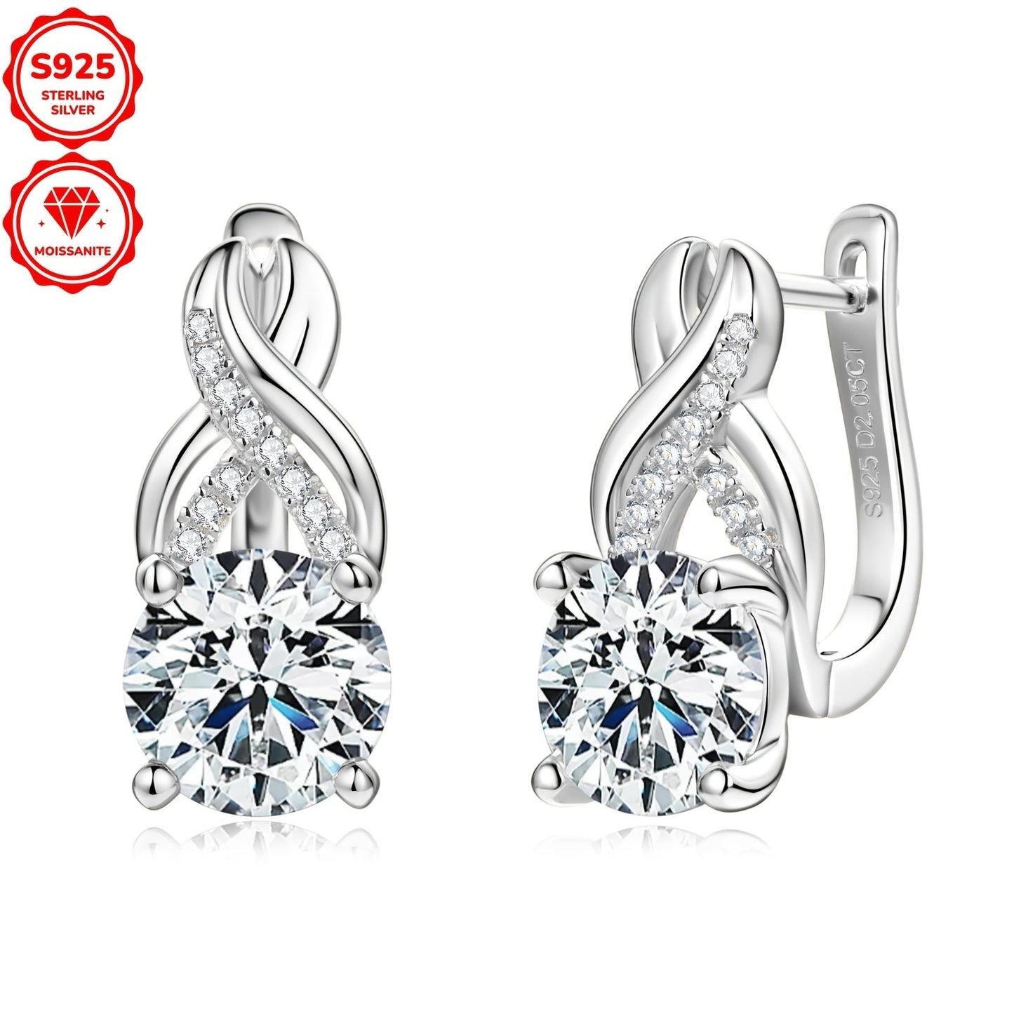 Get yourself a stunning pair of Moissanite earrings designed for women featuring infinite elements. These 925 pure silvery earrings have 8mm round Moissanite stones, perfect for weddings and parties. The earrings weigh about 4.89g and each one showcases