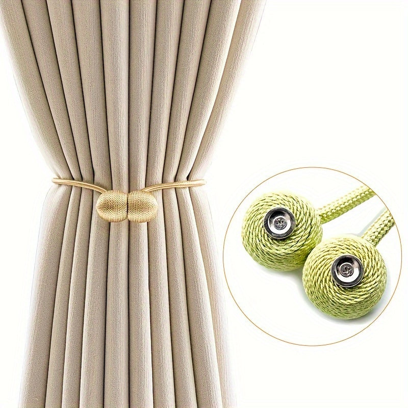 Two pieces of Classic Contemporary Magnetic Curtain Tiebacks made of Polyester Rope Window Drapery Holdbacks with a Decorative Weave Knot.