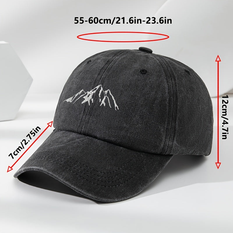 High-quality polyester baseball cap with mountain peak embroidery. Adjustable and breathable, ideal for outdoor activities.