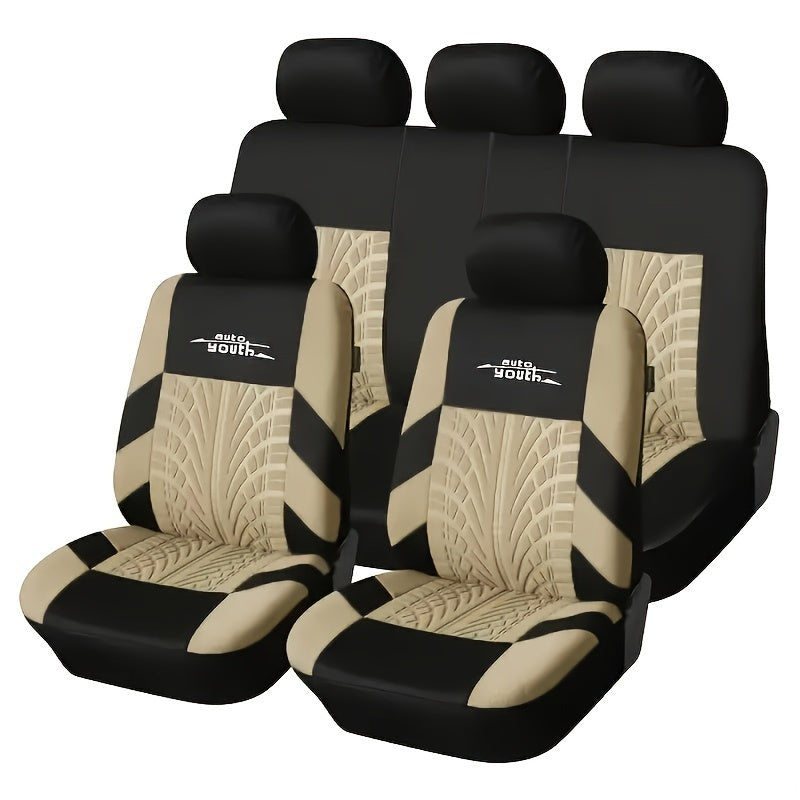 Polyester car seat cover for 5-seater vehicles, breathable and stain-resistant, with tire tread design. Fits sedans and SUVs.