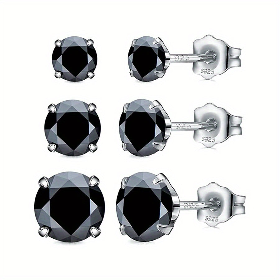 Set of three pairs of stud earrings in 925 silver for women, in sizes 4mm, 5mm, and 6mm.