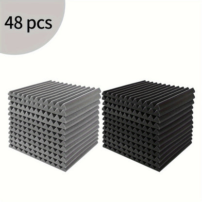 48pcs Acoustic Foam Panels, Fire Resistant Sound Proof Padding, 2.54cm×30.48cm×30.48cm, Ideal for Bedroom Studio Office, Black and Gray.