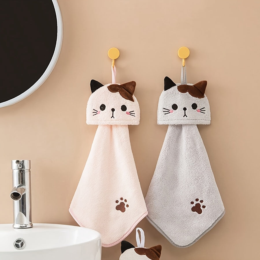 Soft coral fleece cat hand towel, ideal for bathroom or kitchen use, hand wash only, 44cm x 20cm dimensions.