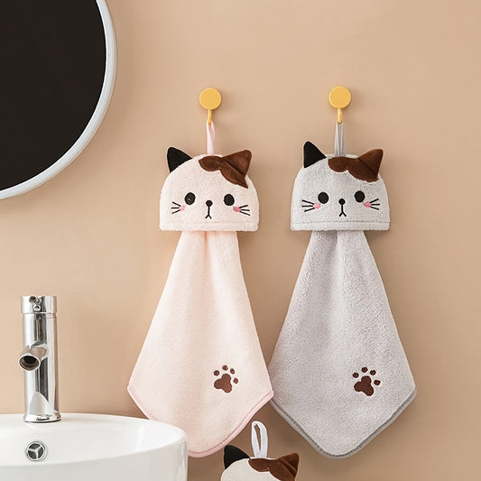 Soft coral fleece cat hand towel, ideal for bathroom or kitchen use, hand wash only, 44cm x 20cm dimensions.