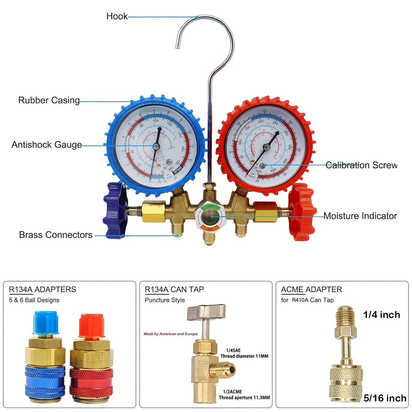 HVAC va Avtomobil 3-Yoʻnalishli AC Manifold Gauge Set - Tez Ulanishlar va Klapan Yadro Toʻplami bilan Sovutgichni Toʻldirish Vositasi - R404A, R134A, R12, R22 sovutgichlari bilan ishlaydi