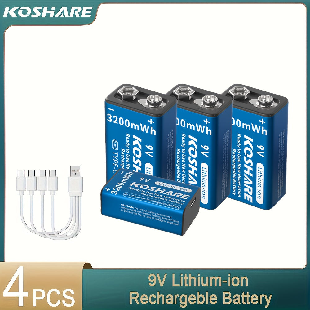 KOSHARE 9V 3200mWh Rechargeable Lithium Battery with Type-C Charging and Data Cable for Various Devices and Events