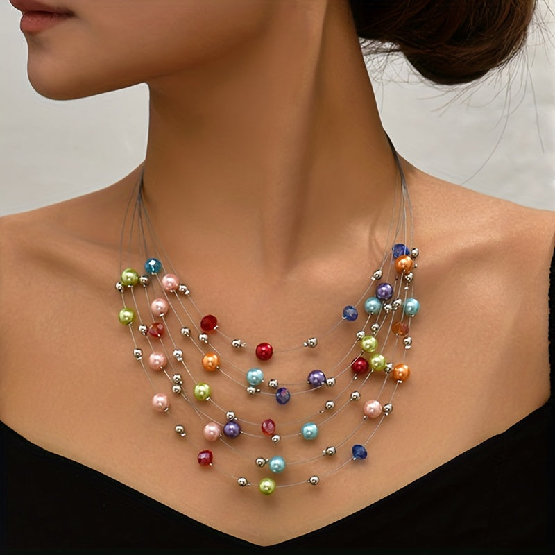 Handmade Multilayer Bohemian Necklace with Shimmering Imitation Pearls - Artisan-Crafted with Authentic Charm - A Feminine and Exquisite Gift for Ladies - Each Piece Features Unique Color Beads Randomly Arranged