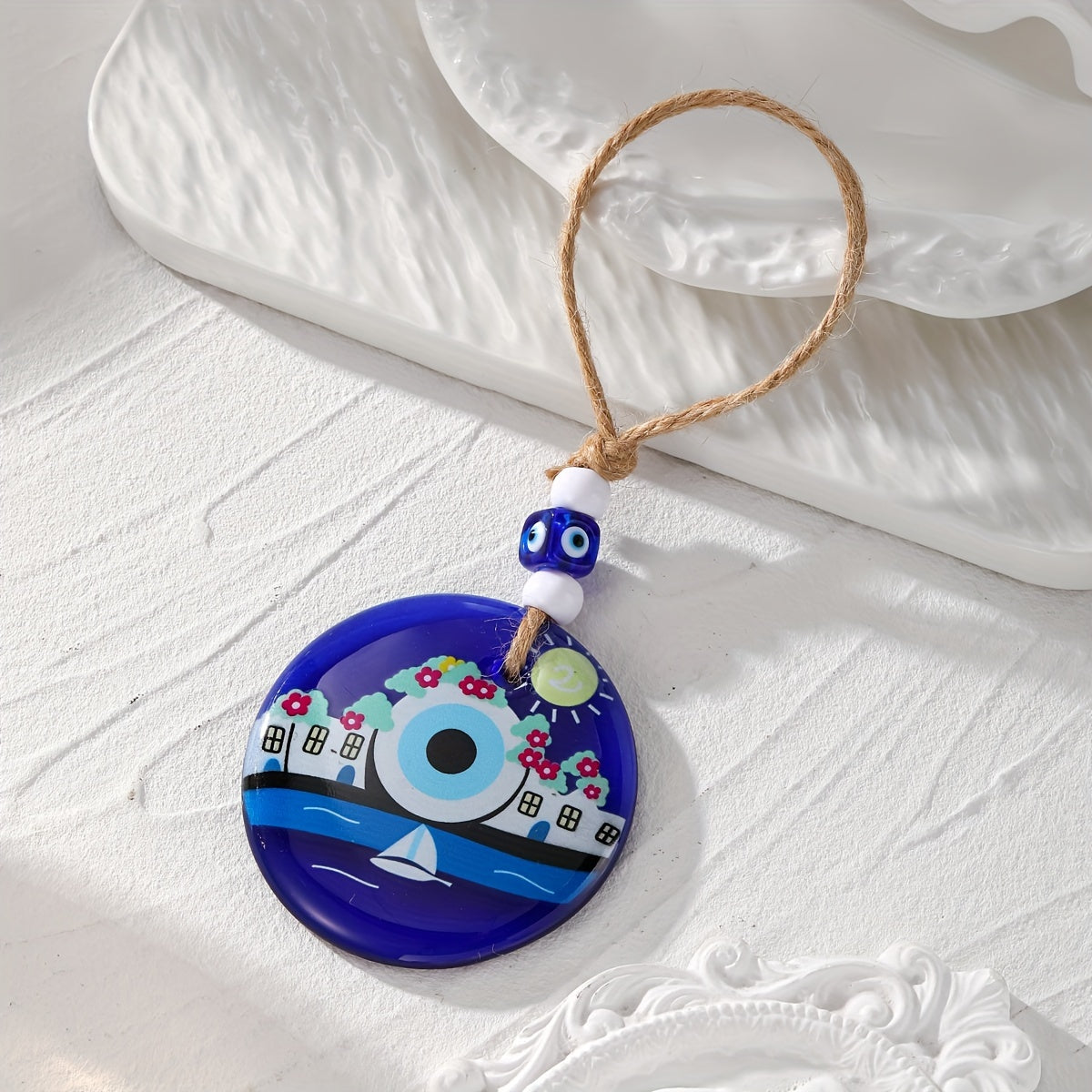 Trendy Evil Eye Keychain - Large Acrylic Evil Eye Charm on Hemp Rope, Stylish Accessory for Women's Car or Bag