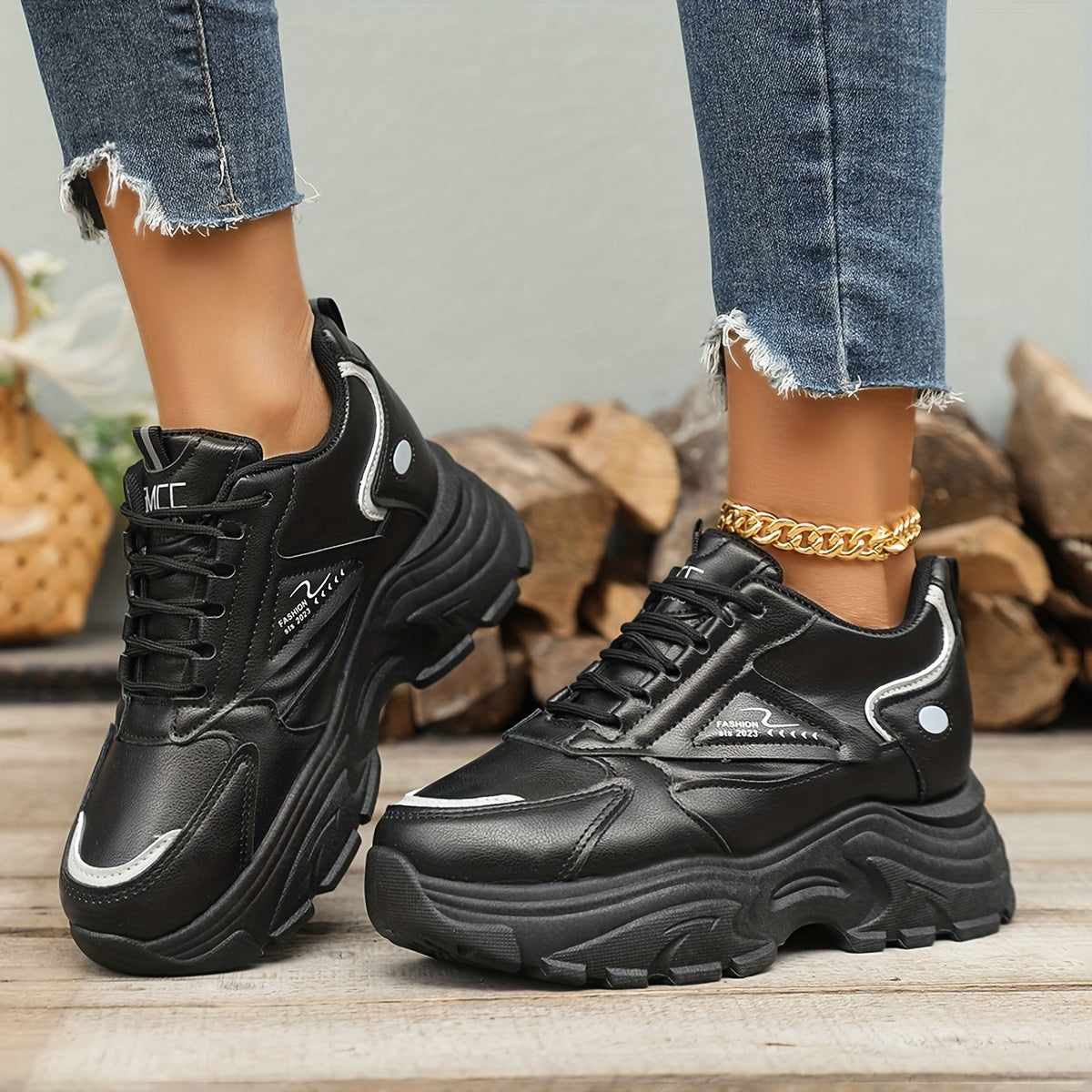 Chunky sneakers for women featuring a casual lace-up design and trendy wedge sports shoes.