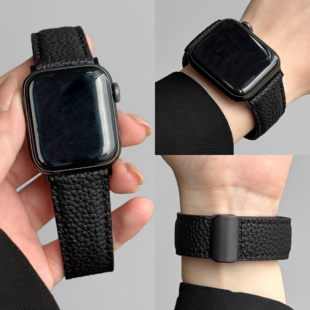 Litchi-patterned patent Apple Watch strap with magnetic buckle, water-resistant, iron clasp - Compatible with Apple Watch SE/S123456789, Beige with Dark Brown accents, Textured woven design