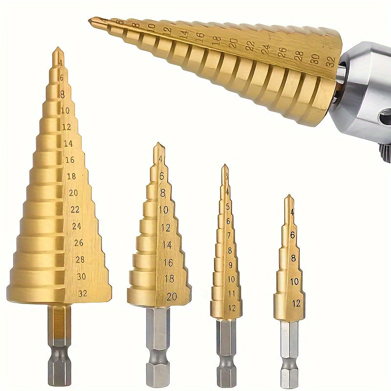 3pc Titanium-Coated HSS Step Drill Bit Set - High Precision, Multi-Size for Wood & Metal, Durable & Versatile