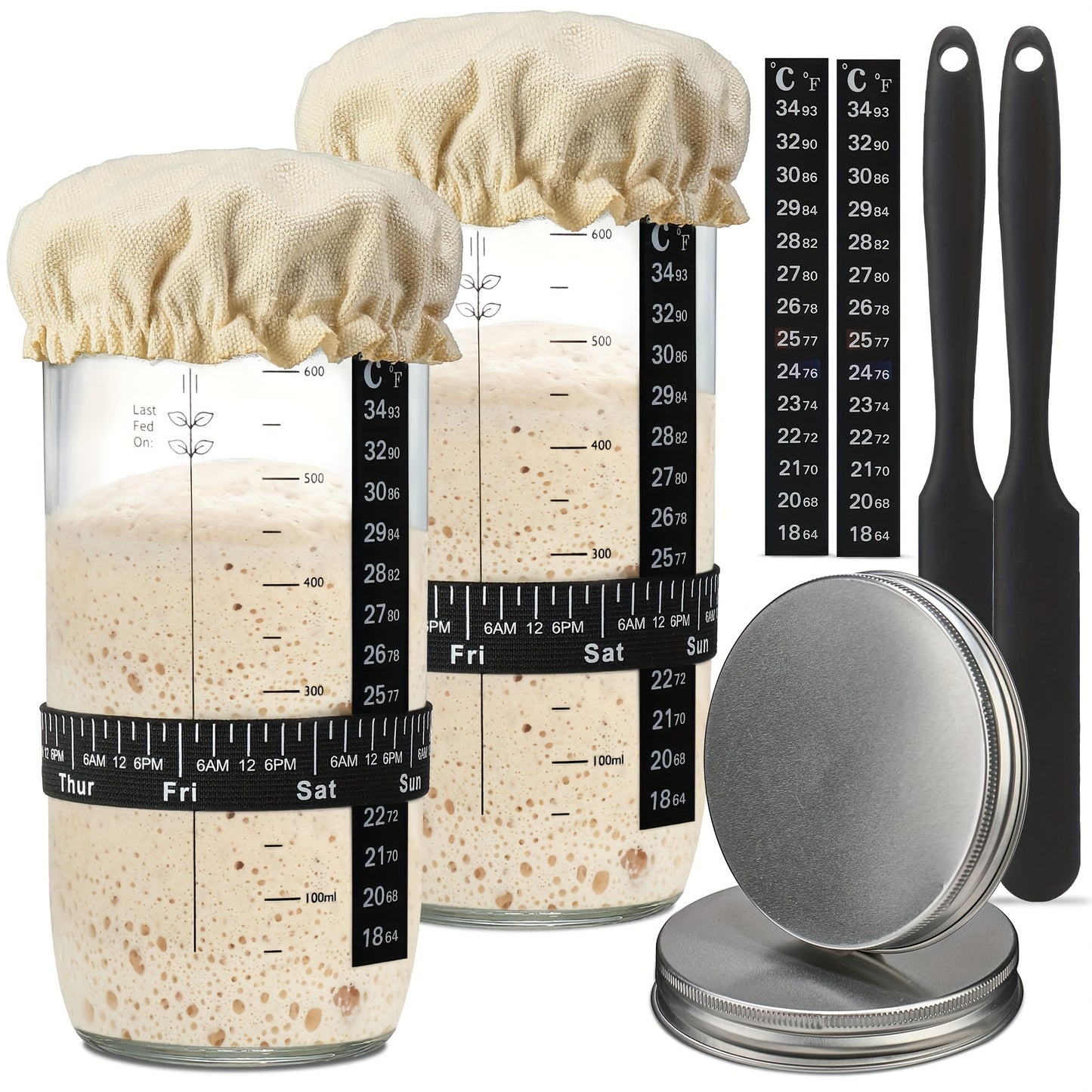 Sourdough Starter Kit: Includes glass jar with feeding band, thermometer, cloth cover, and metal lid.