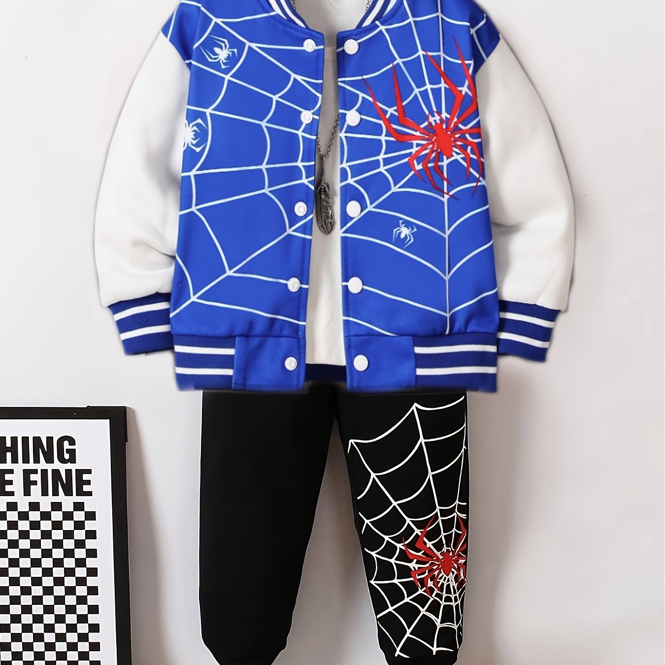 2-piece boys spider print baseball jacket and pants set, perfect for spring and autumn outdoor wear, also great as gifts