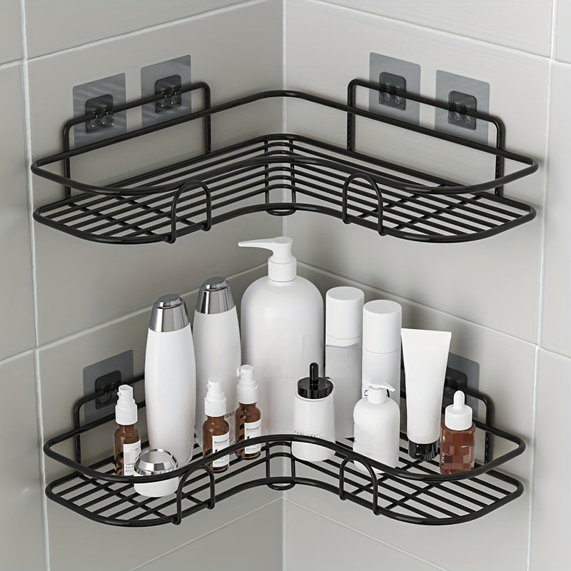 Wall-mounted toilet storage cabinet with no-drill corner rack for bathroom organization. Features shelves for shampoo, toner, cosmetics, and other bathroom accessories.