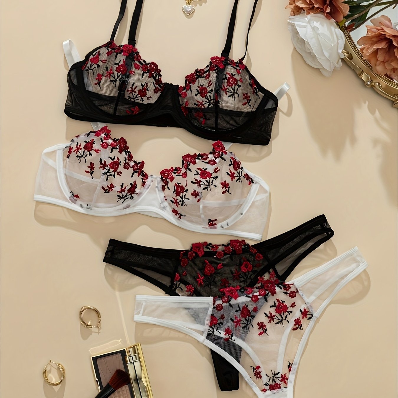 Sexy lingerie set with flower embroidery pattern mesh design, featuring a see-through bra and thong.