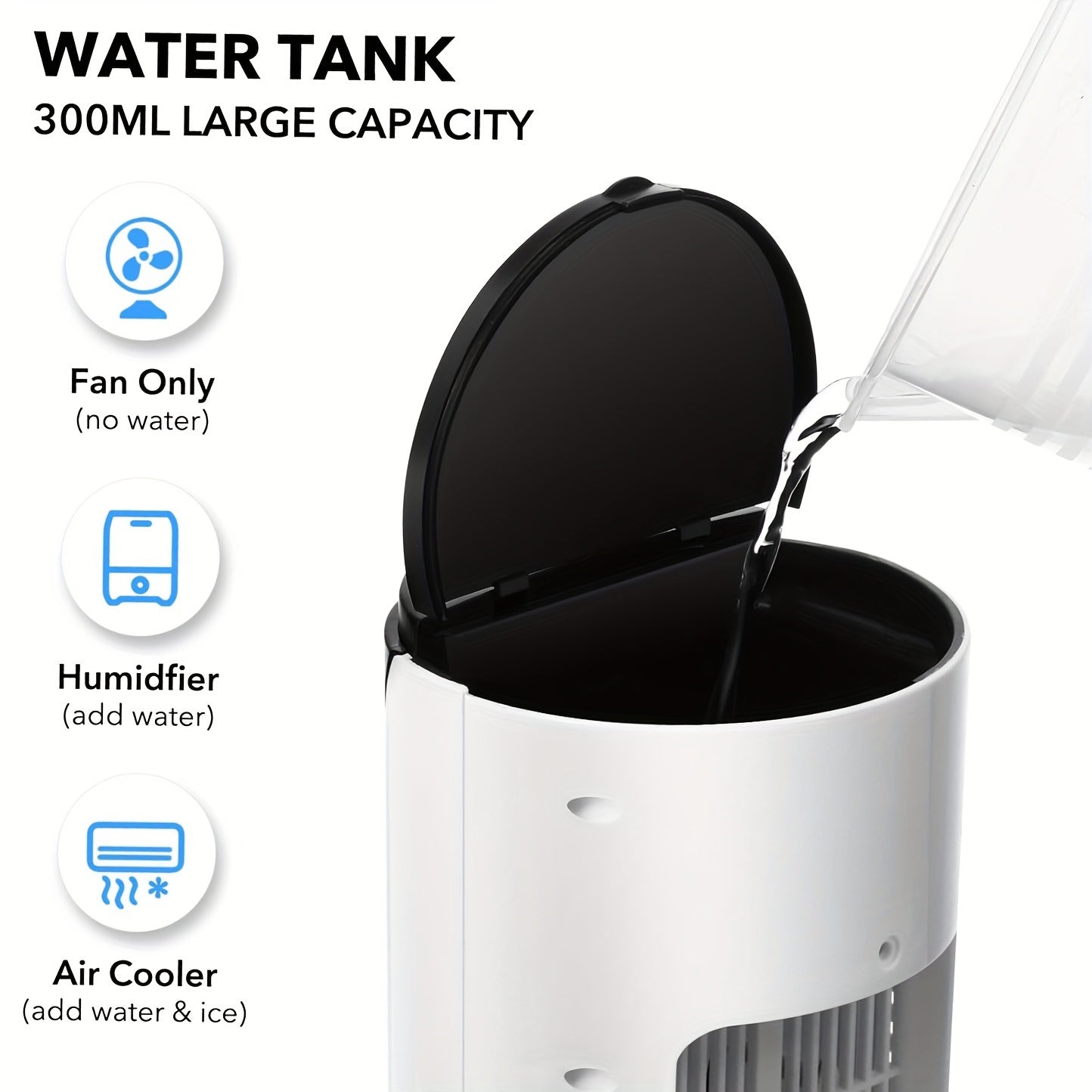 USB powered portable air conditioner humidifier with 6 adjustable speeds, 300ml water tank, ideal for various room types, made of durable plastic, operates on ≤36V.