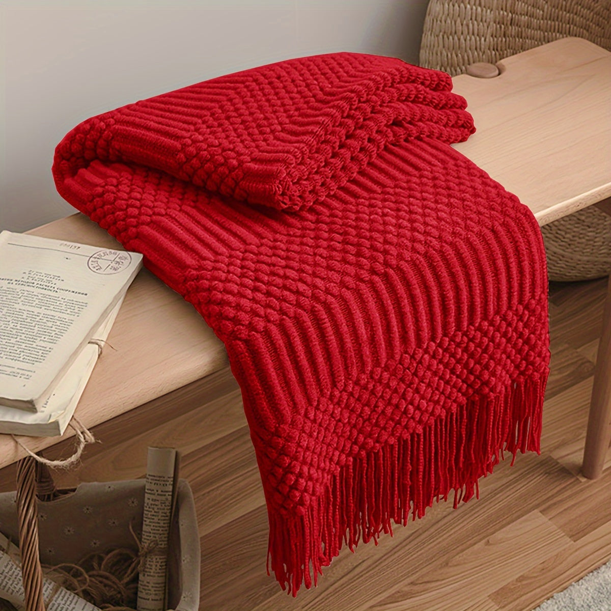 Soft and warm throw blanket for all seasons, perfect for the sofa, bed, car, or as a bed tail blanket. Features knitted tassels and multifunctional design.