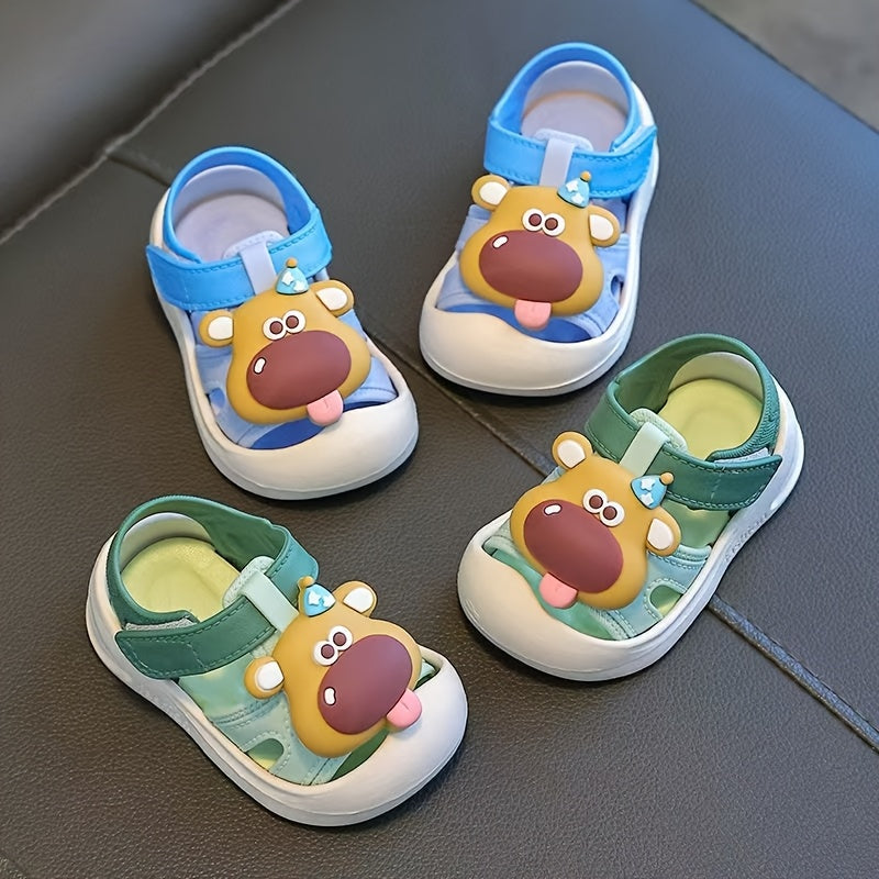 Cute cartoon sandals for infant boys, with breathable, non-slip soles for indoor and outdoor wear.