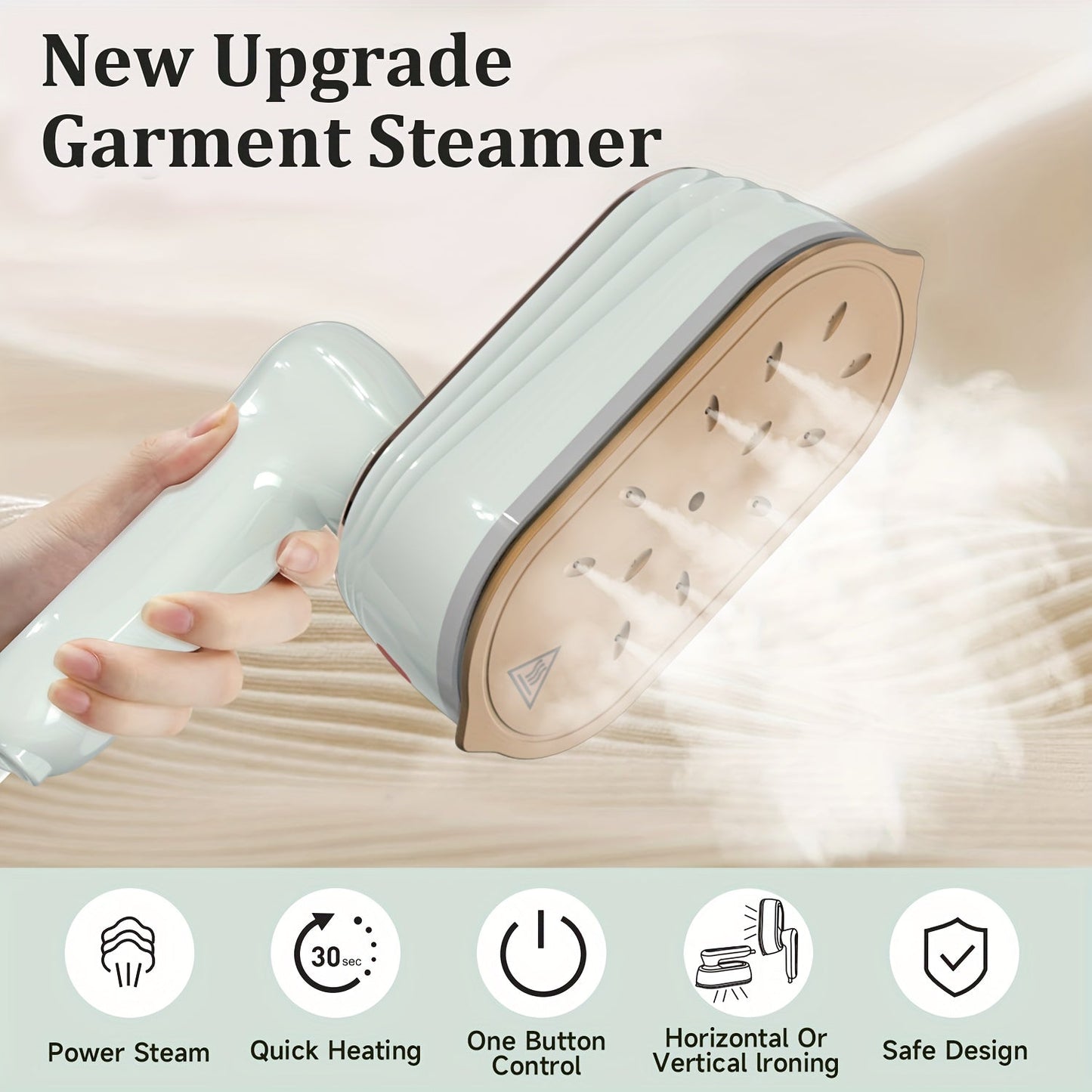 Black and white portable handheld steam ironing machine perfect for travels and dorm rooms. Quickly iron your fabric clothing and shirts on-the-go. Great as a travel gift or dorm room essential.