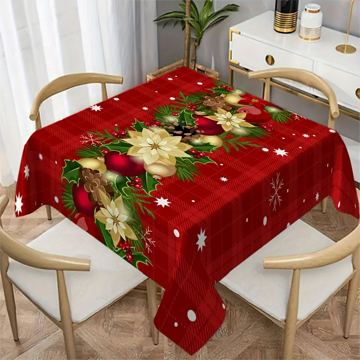 Stain-resistant party tablecloth with festive holiday design, machine washable and easy to clean.