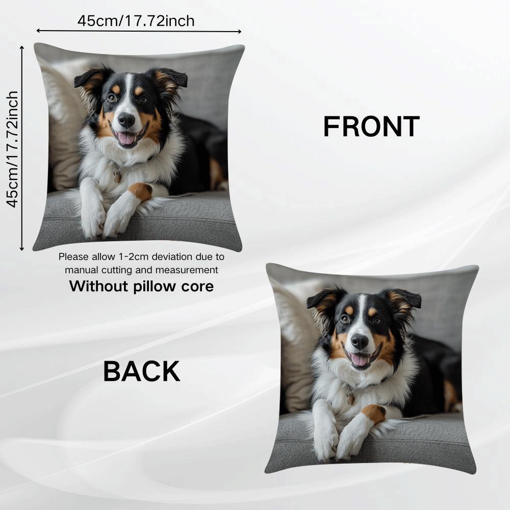 Polyester Throw Pillow Cover featuring an Australian Shepherd Dog design. Square cushion case with removable cover, machine washable and light compression. Ideal for use on your sofa, bedroom, or in the office. Fits cushions up to 45.01cm. Note: Cushion