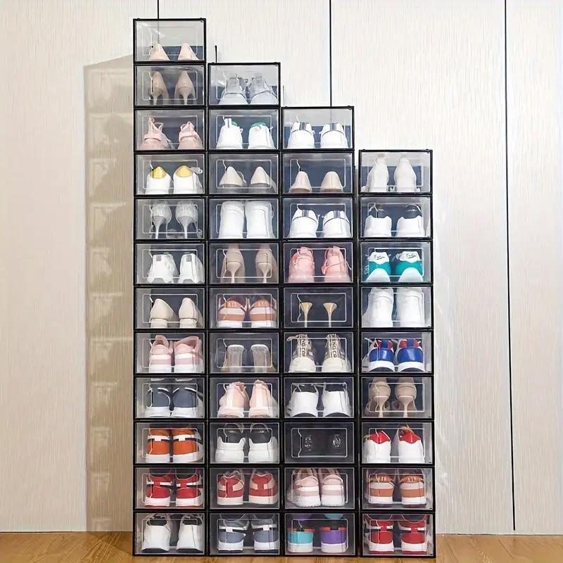 Transparent plastic shoe boxes, available in packs of 2, 3, 4, 5, 6, and 10, are ideal storage containers that can be stacked. These clear plastic containers are perfect for closets and athletic shoes, and come with a white frame for added style.