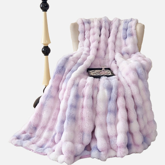 One piece of tie-dye faux rabbit fur blanket with shaggy short plush material for a soft, fluffy bed or sofa blanket, perfect for cozy naps and throws.