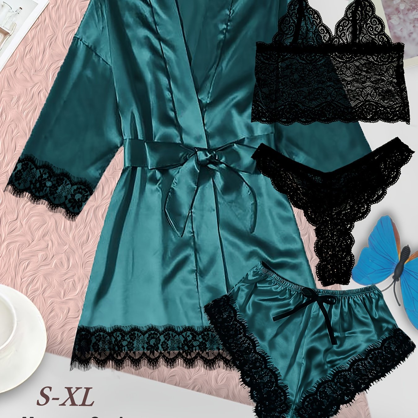 Women's loungewear set with lace detailing, robe, V neck cami, panties, and shorts.