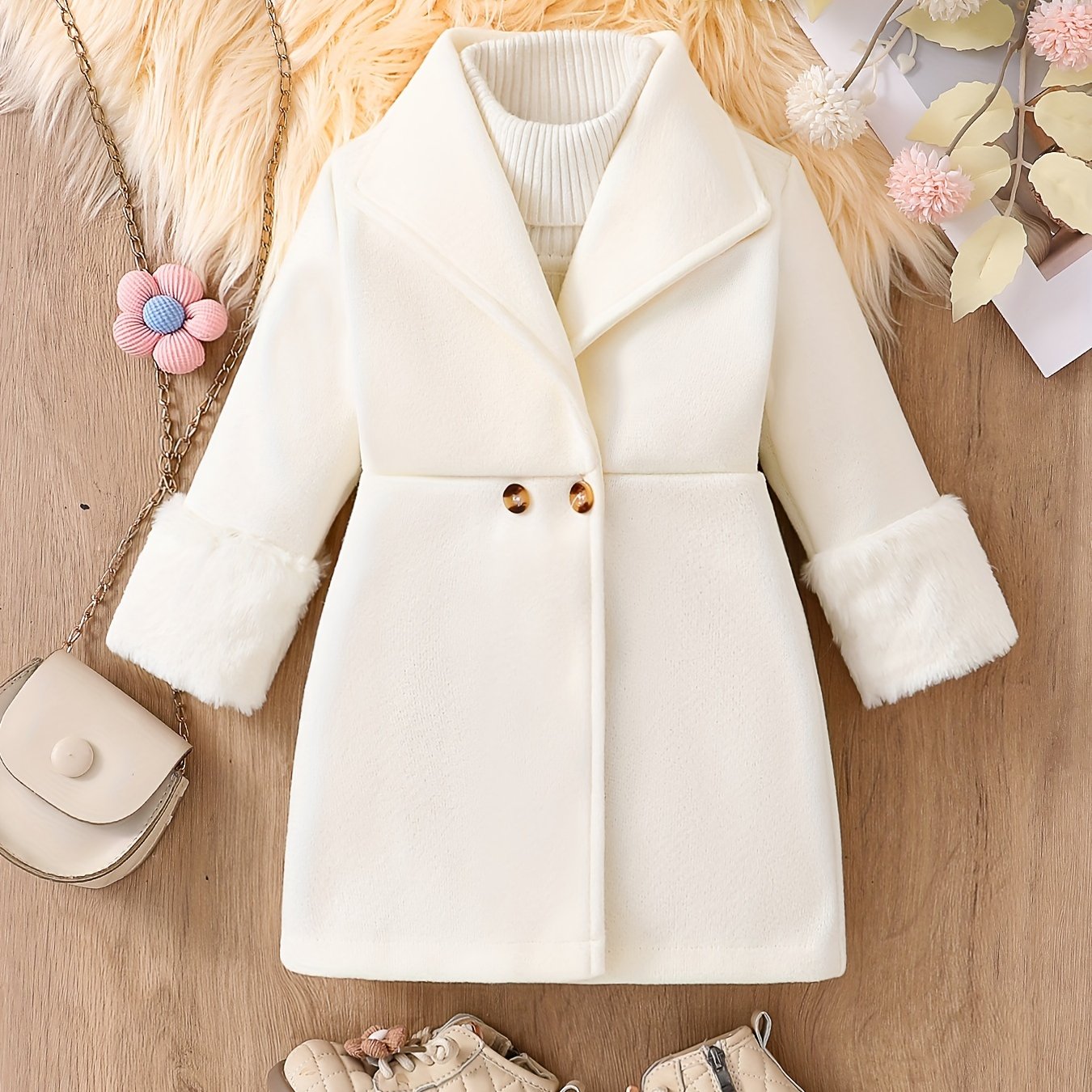 Stylish Girls' Winter Trench Coat with Faux Fur Trim, Plush Lining, and Lapel Collar - Ideal for Fall/Winter.