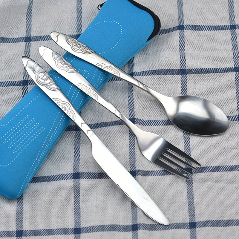 3-piece stainless steel camping cutlery set with portable bag