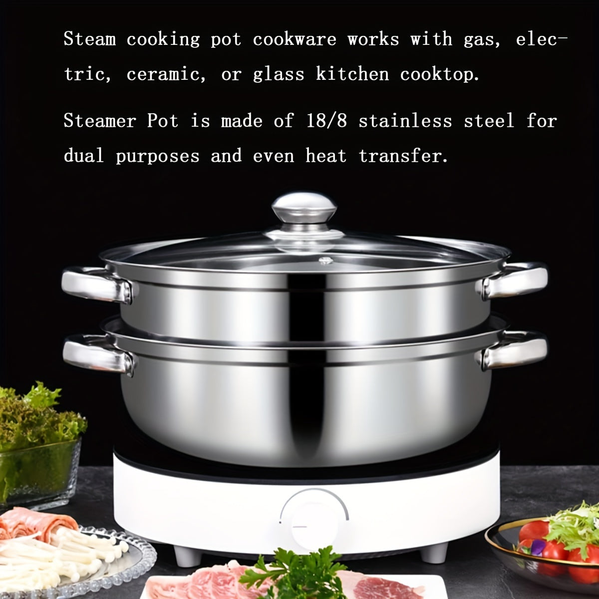 High-quality stainless steel double-layer steamer set suitable for both induction and gas stoves, ideal for cooking and entertaining.