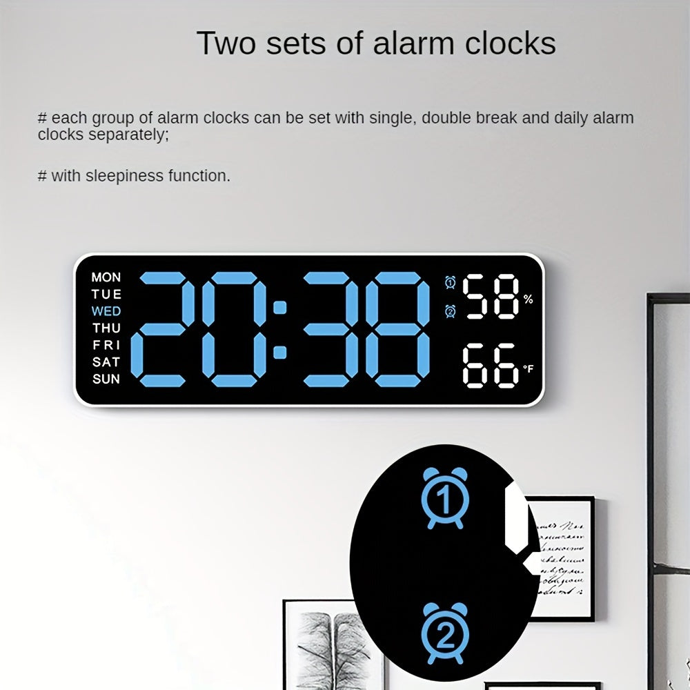 Digital wall clock with temperature and humidity display, week display, adjustable brightness, table alarm clock, and 12/24 hour format.