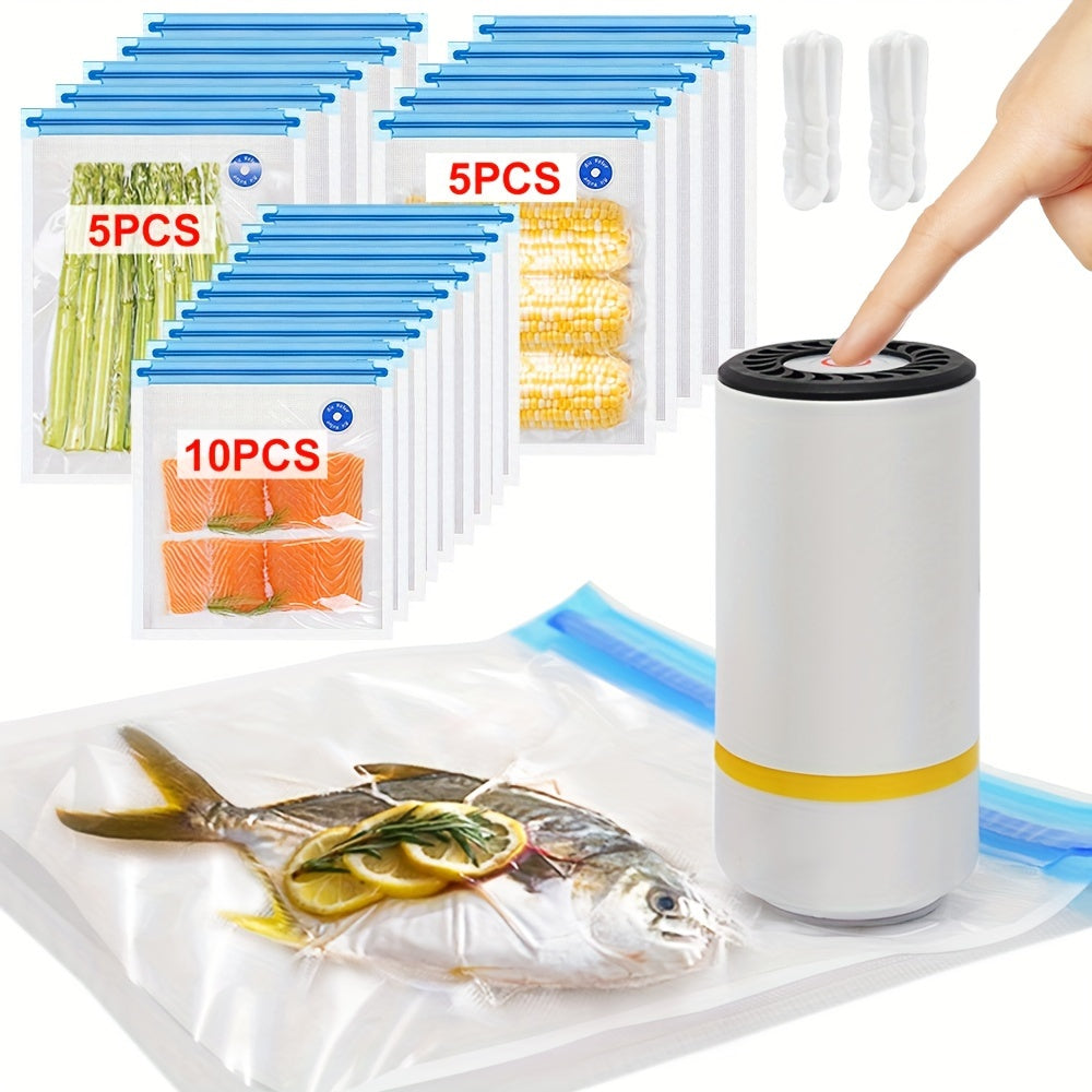 This set includes 20pcs of 5pcs food vacuum sealing bags and a compact handheld electric vacuum machine. The set offers three different sizes of food sealing bags (21.59cm x 20.32cm, 27.94cm x 25.4cm, 27.94cm x 33.02cm) for all your vacuum sealing needs.