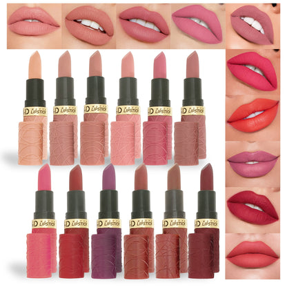 Set of 6 new foreign trade matte lipstick in modern brown-red, long-lasting formula. Includes 12 shades of nude bean paste.