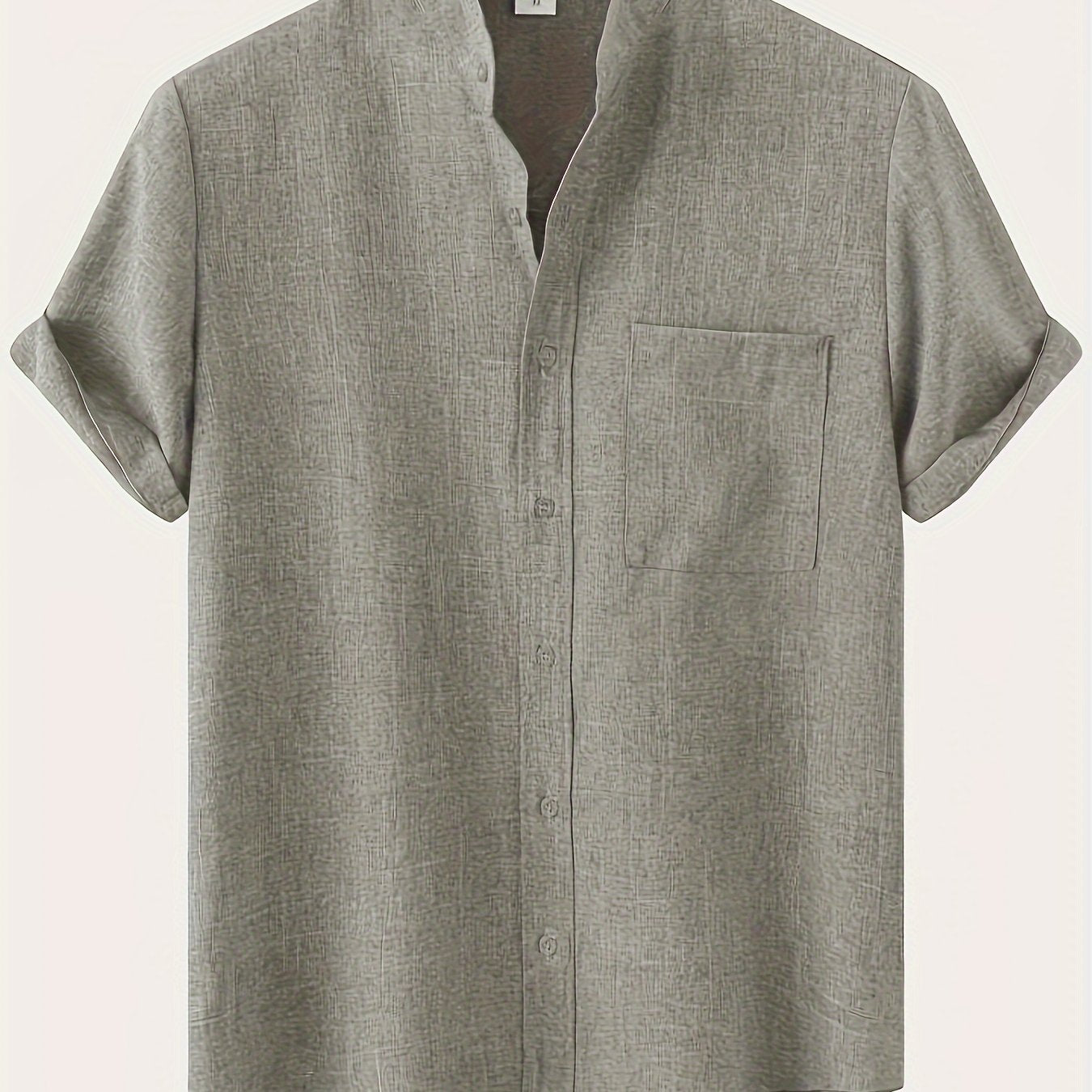 Men's short sleeve stand collar shirt in solid color, perfect for summer outdoor activities.