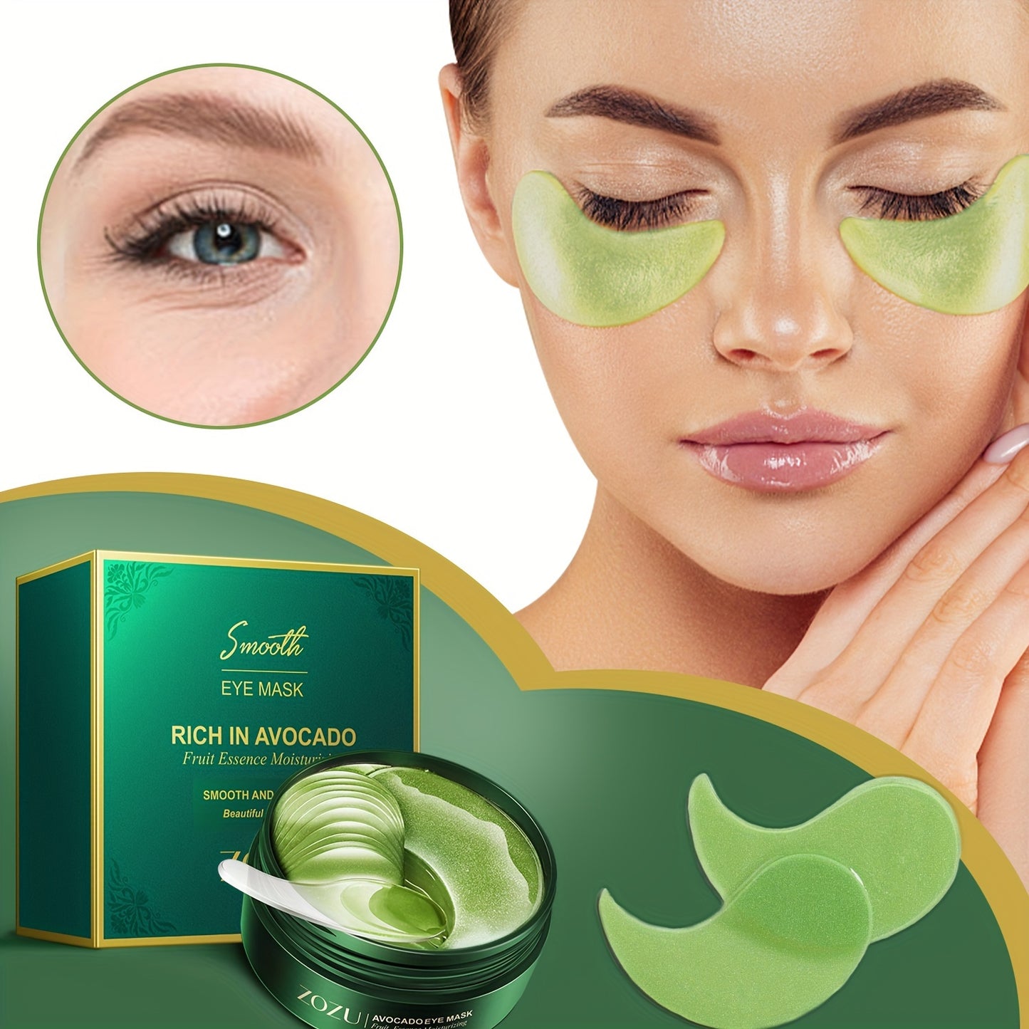 Moisturizing and lifting eye masks with avocado and golden patches for firming and tightening under eye skin.