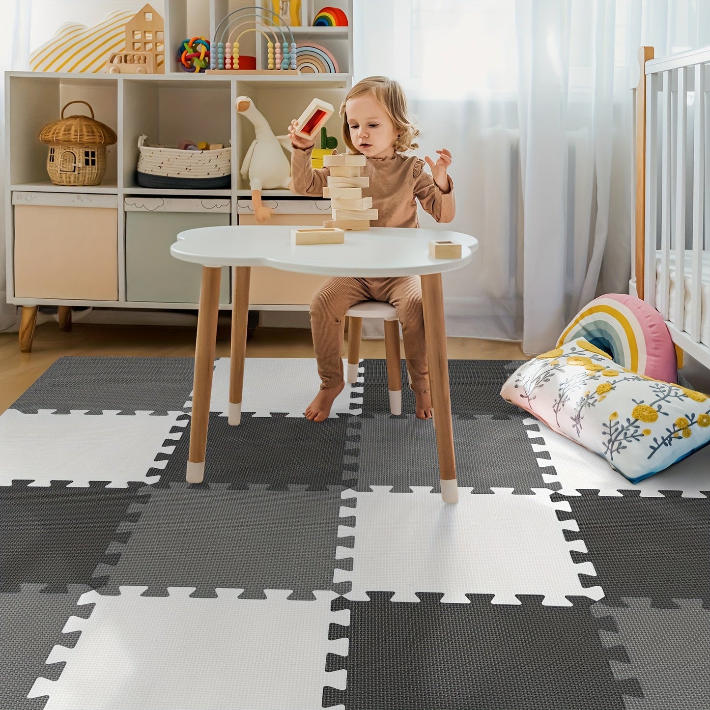 Soft and waterproof PE foam playmat designed for babies and kids. Includes 12/16 interlocking floor tiles with carry edges for indoor and outdoor play areas. Non-toxic crawling mat with a cushioned and spliceable design. Each tile measures 31.5cm and