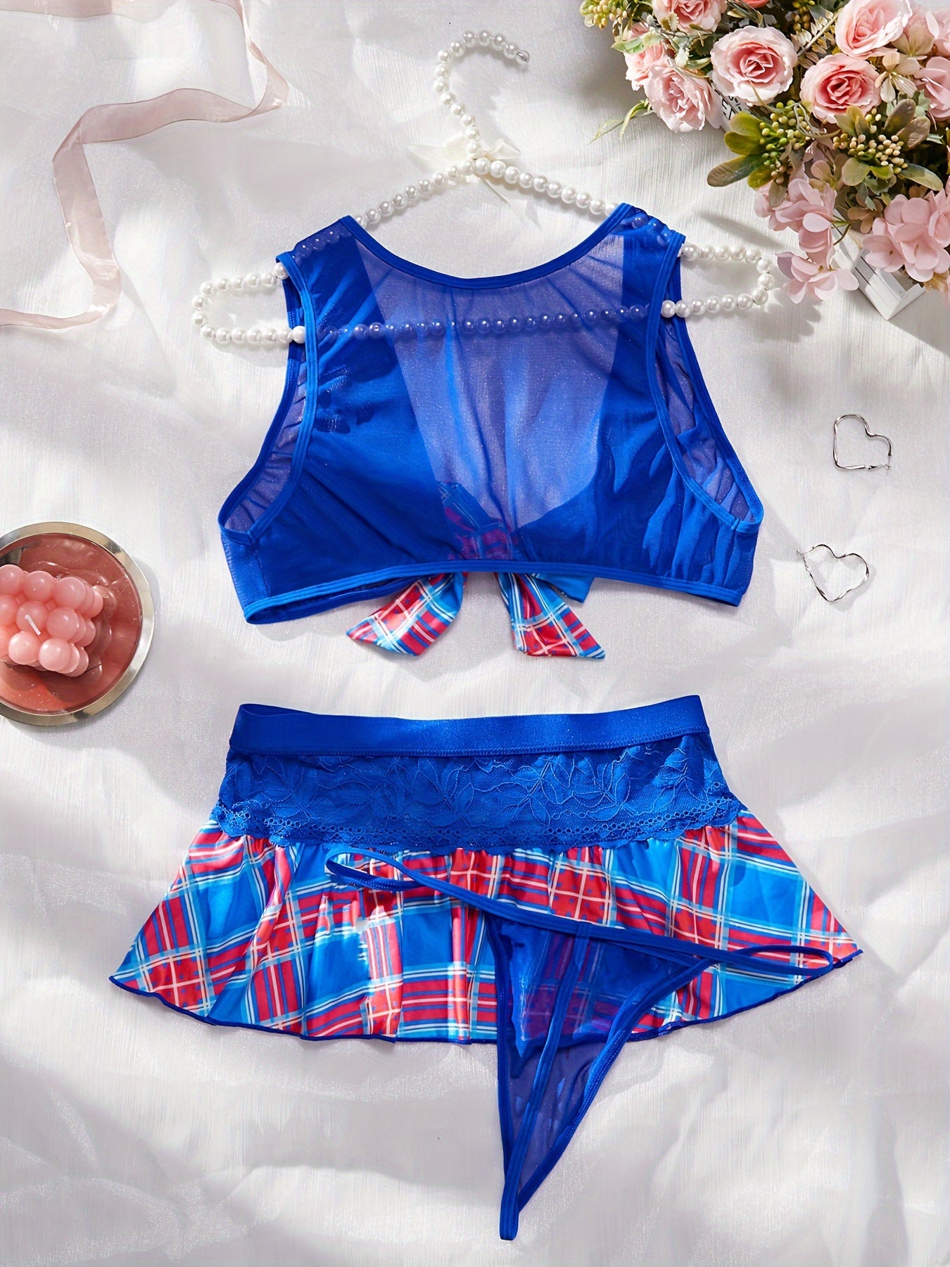 Plaid print cosplay set with sheer skirt, tank top, and thong, sexy lingerie for women.