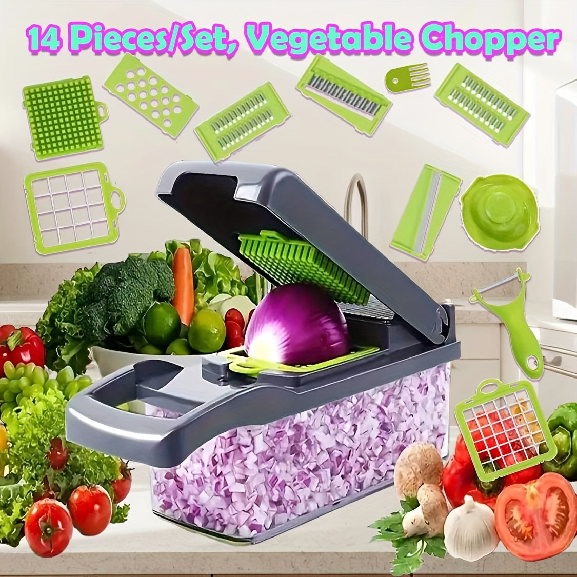 Get ready to cut, chop, and slice your way to faster meal prep with the 14-in-1 Multifunctional Vegetable Chopper & Fruit Slicer Set! This manual food processor comes with a convenient container and stainless steel blades to make preparing meals a