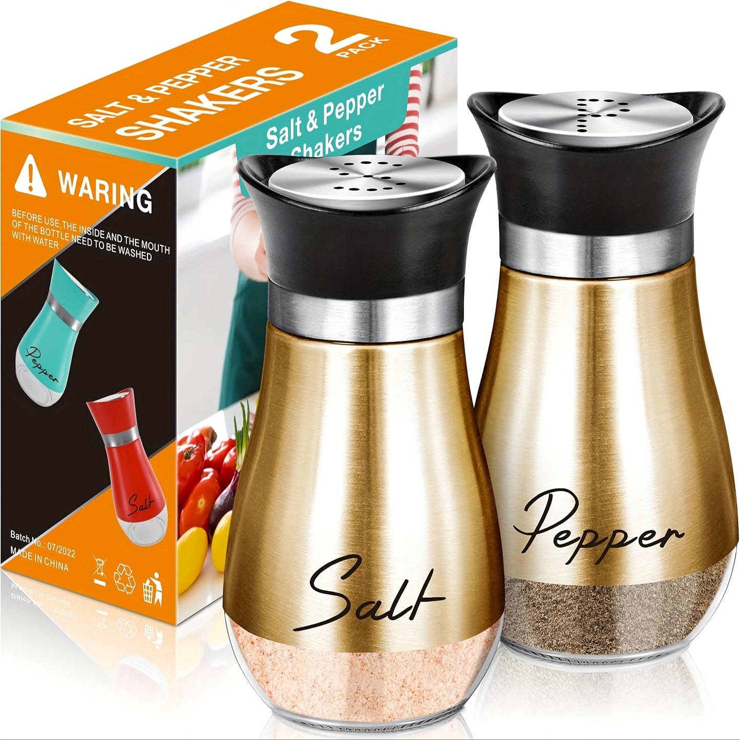 2-piece salt and pepper seasoning bottle set with 4 oz glass jars and stainless steel covers. Perfect for kitchen, dining, RV, camping, and barbecue. Can be refilled. Ideal for kitchen decor and as holiday gifts.