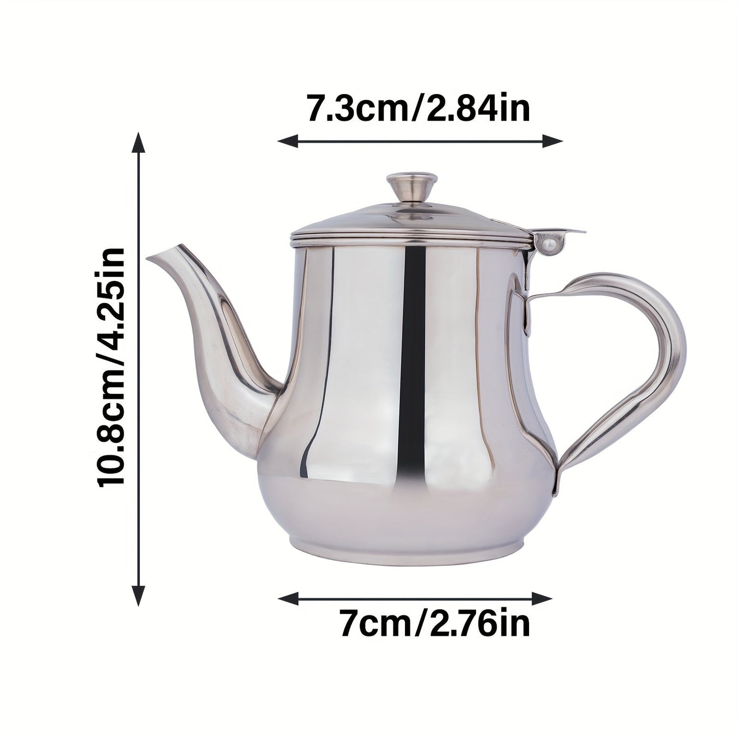 Silver Stainless Steel Gooseneck Teapot with 48oz Capacity and Integrated Filter, BPA-Free Metal Tea Kettle and Coffee Server, Multi-Purpose Oval Table Serving Pot for Home, Restaurant, Outdoor Use. Dishwasher Safe.