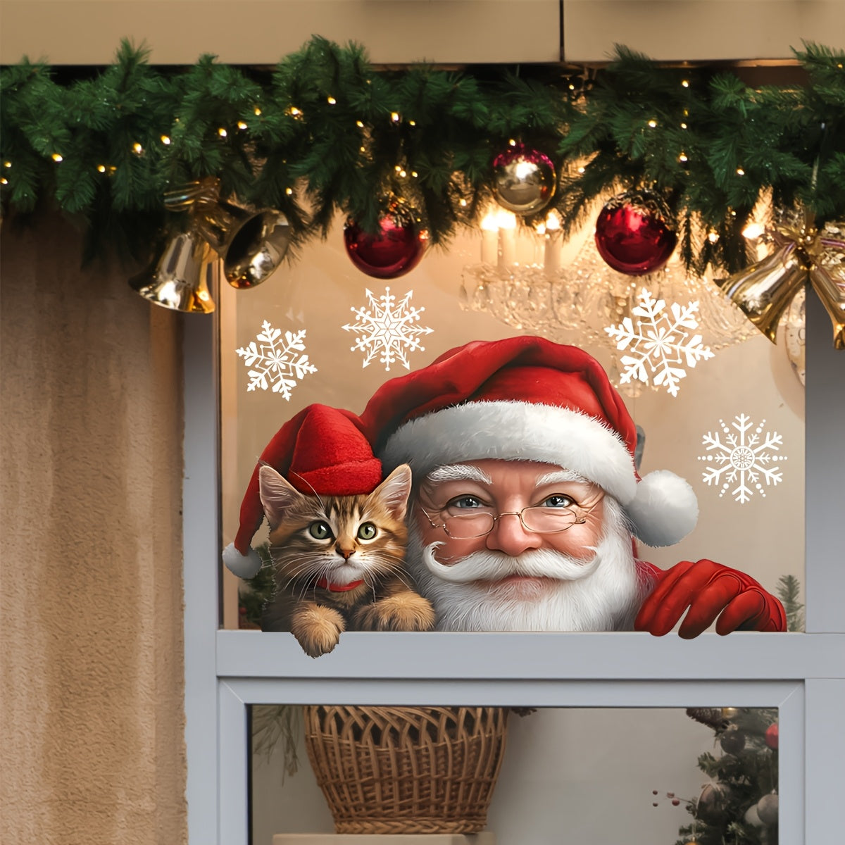 Santa Claus and Cat Christmas glass sticker with double-sided static cling, perfect for plastic surfaces. This self-adhesive window decal is made of 20-silk PVC and is perfect for festive holiday decor. Item D13508-KN is for single use only.