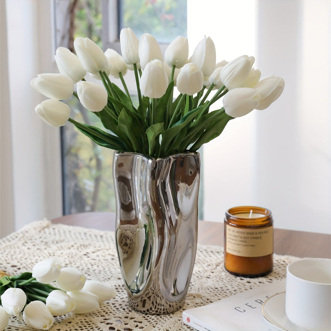 Artificial tulip flowers in 9, 18, or 27 piece sets for home or office decor, weddings, parties, and gifts.